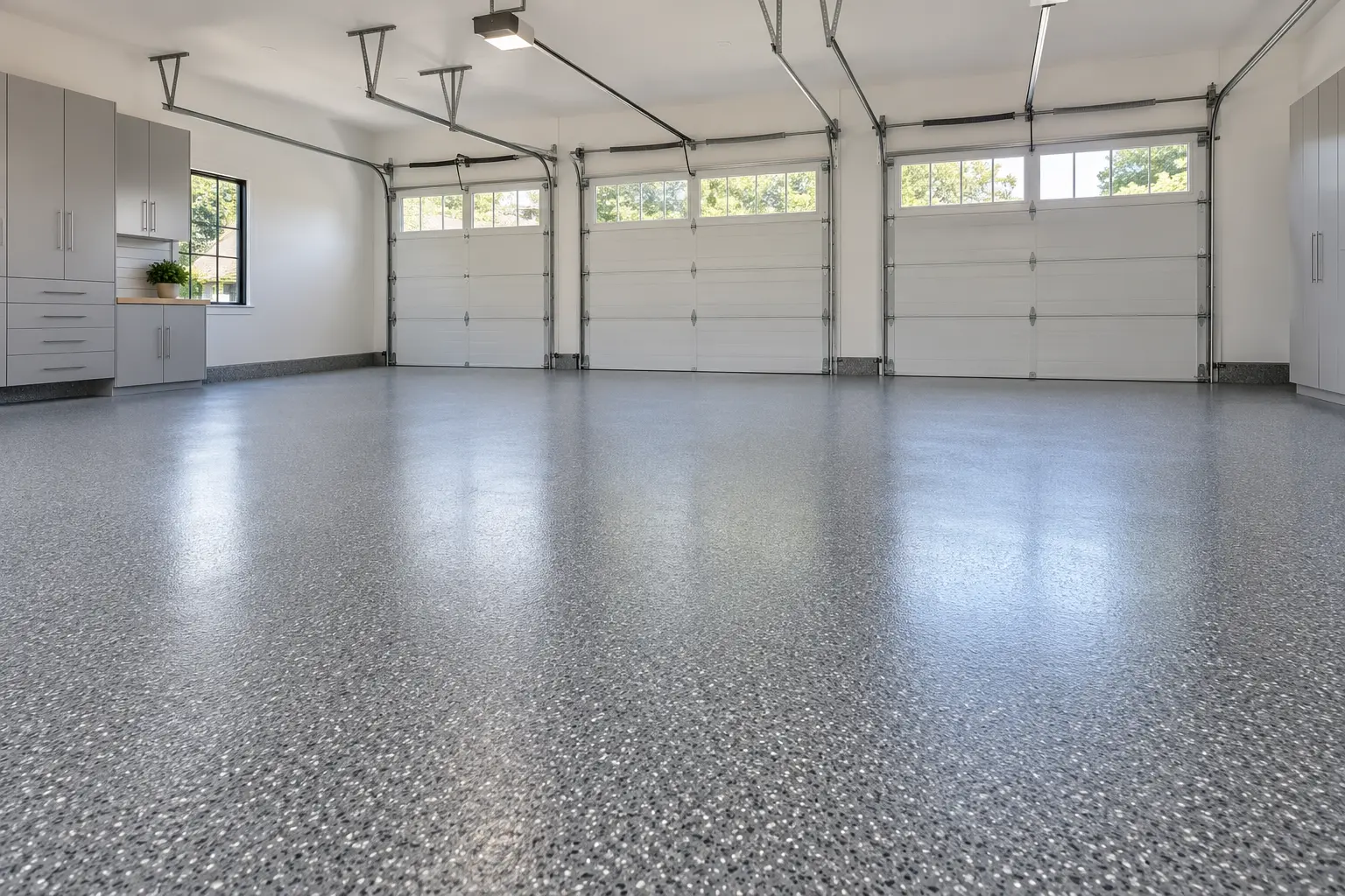 Representative empty three-car garage with a gray coated floor